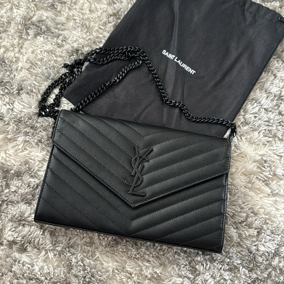 Saint Laurent Monogram Quilted Leather Chain Wallet / Black on Black YSL - Picture 4 of 8